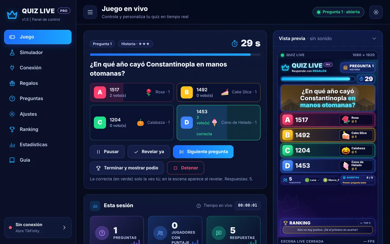 Panel de control para manejar el quiz